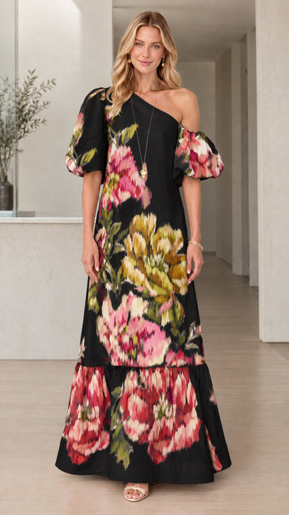 Model wearing Black Floral One-Shoulder Puff Sleeve Maxi Dress