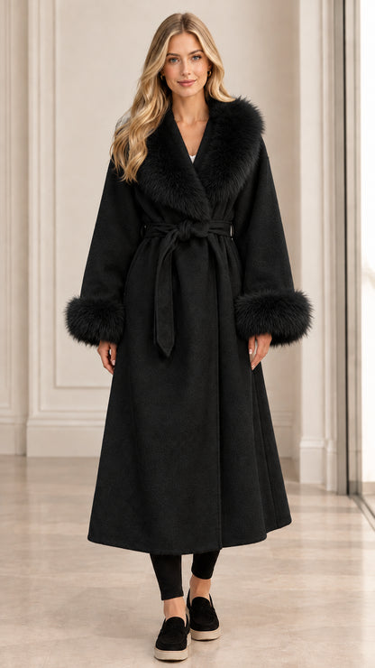 Front view of women's black belted long wrap coat with matching faux fur collar and cuffs