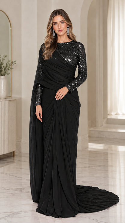 Black sequin bodice long sleeve draped evening gown full length