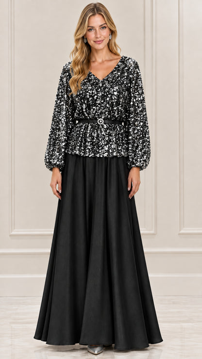 Full-length black sequin long sleeve evening gown with belted waist