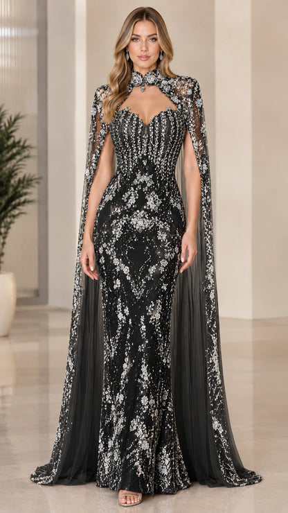 Black sequined mermaid evening gown with matching dramatic sheer cape
