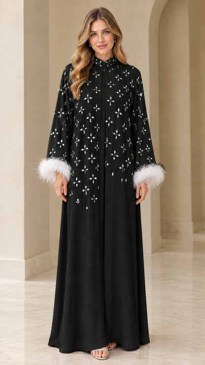 Black rhinestone embellished maxi abaya dress with feather cuffs