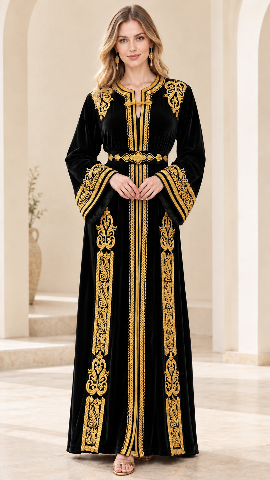 Black velvet embroidered Moroccan kaftan maxi dress