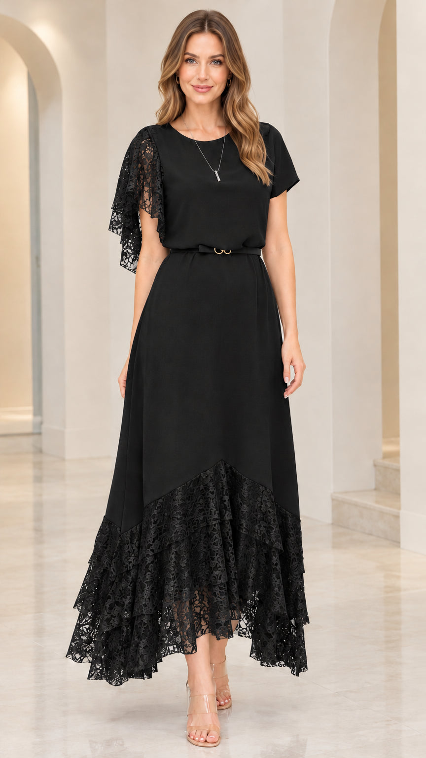 Black lace patchwork belted maxi dress full length front view