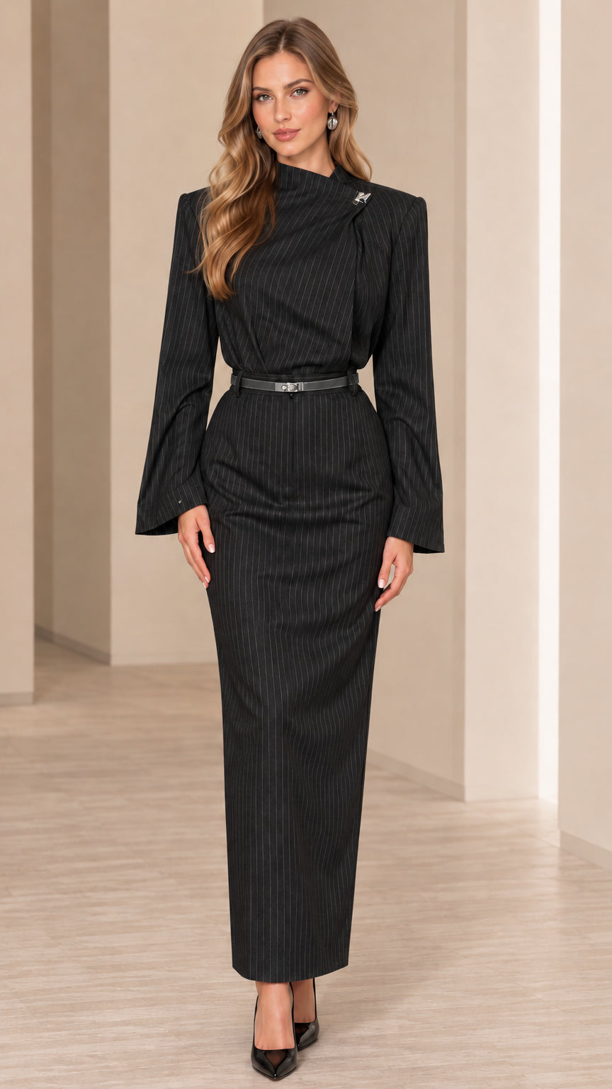 Front view of model wearing black pinstripe belted maxi column dress