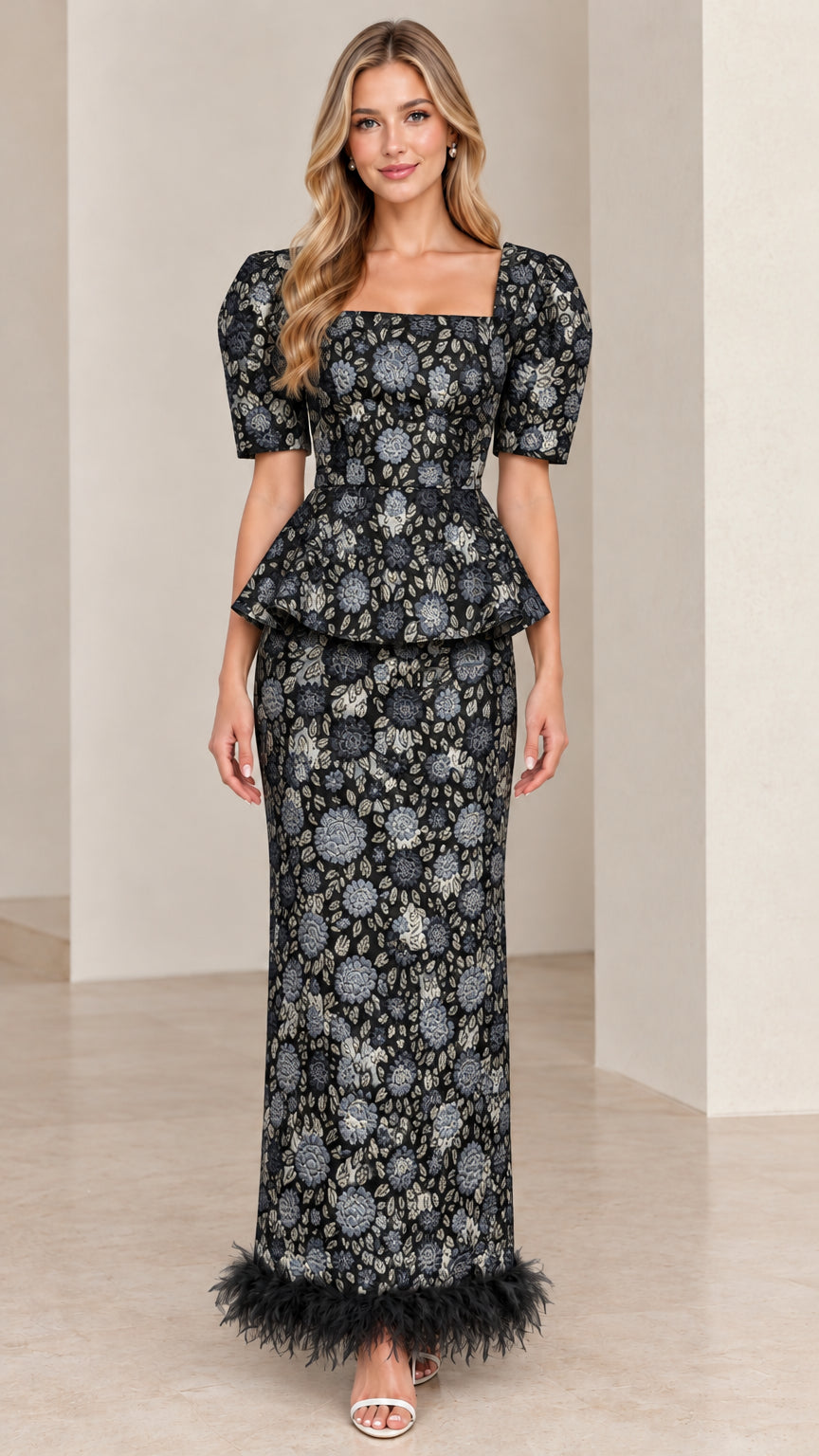 Front view of Black floral jacquard peplum evening dress with black feather hem