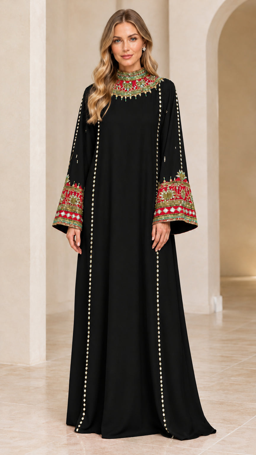 Model wearing Black embellished high neck maxi abaya dress