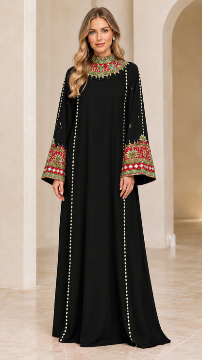 Model wearing Black embellished high neck maxi abaya dress