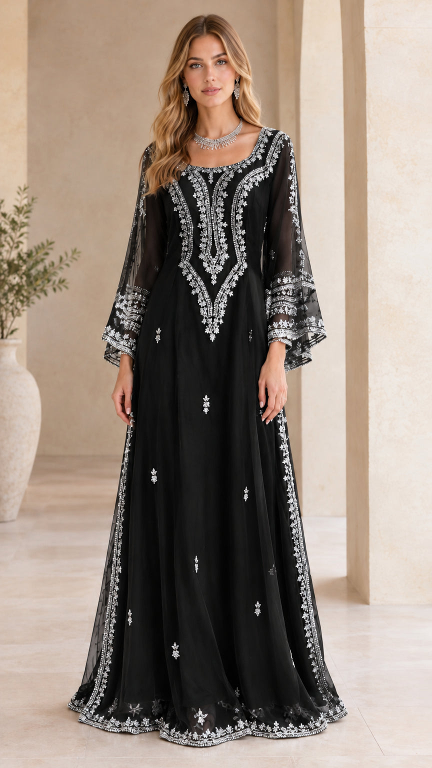 Black embroidered long sleeve floor-length formal evening gown