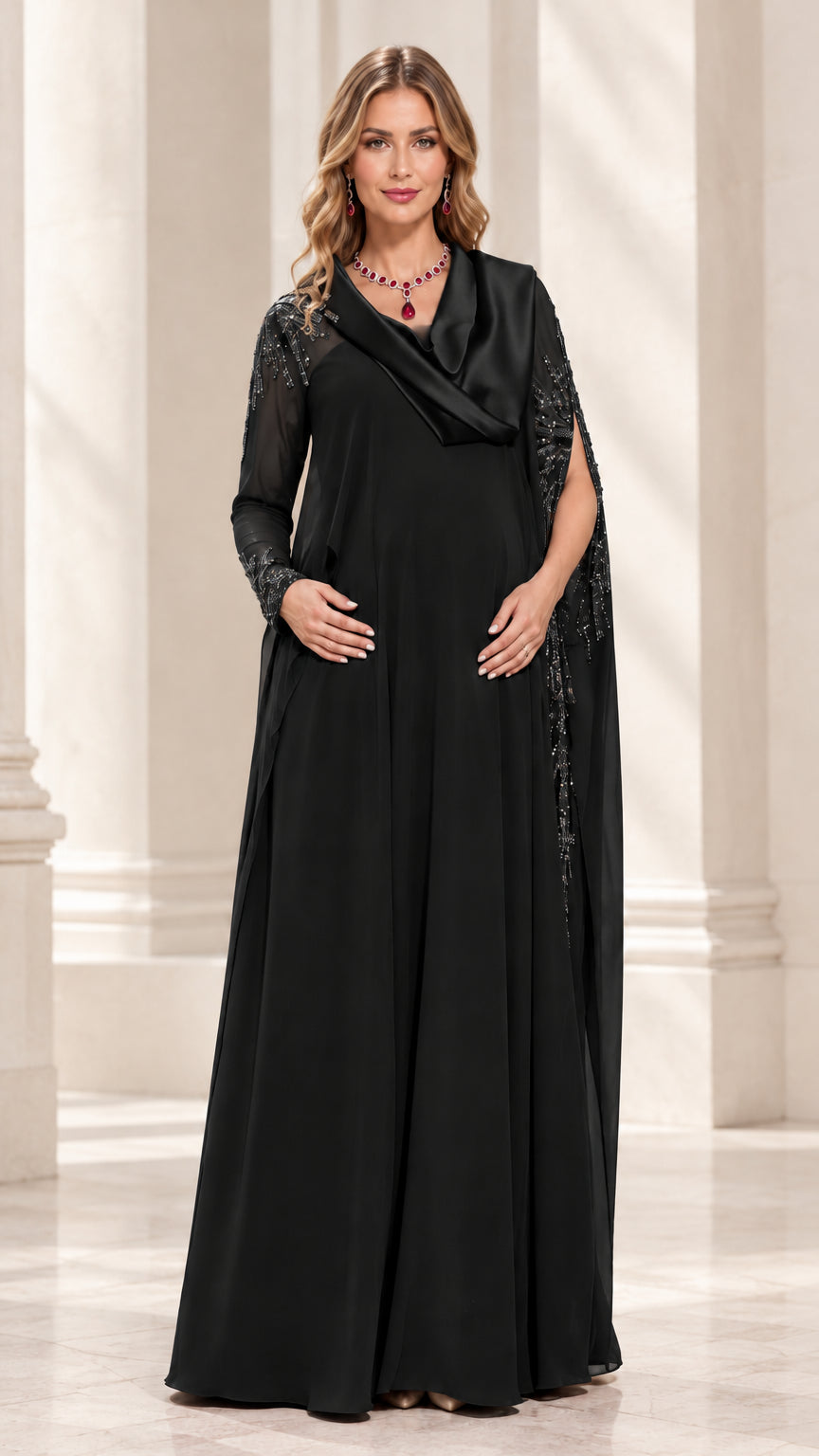 Black cowl neck beaded cape sleeve evening gown front view