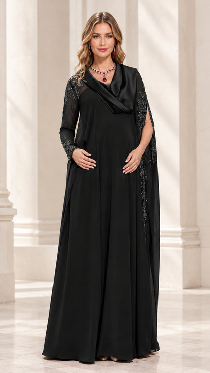 Black cowl neck beaded cape sleeve evening gown front view