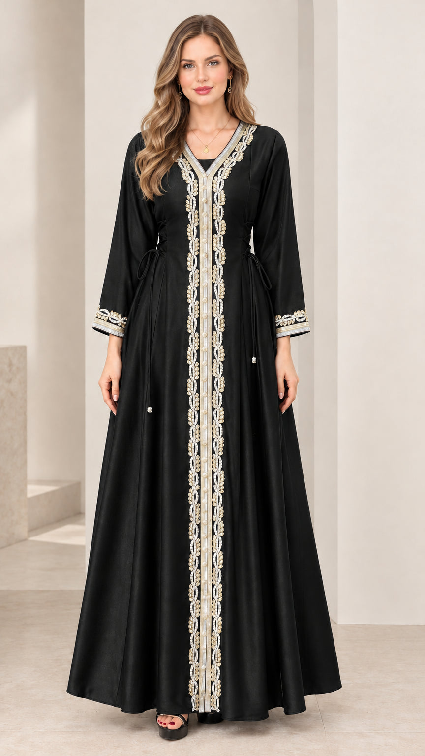 Black embroidered long sleeve kaftan maxi dress with gold trim