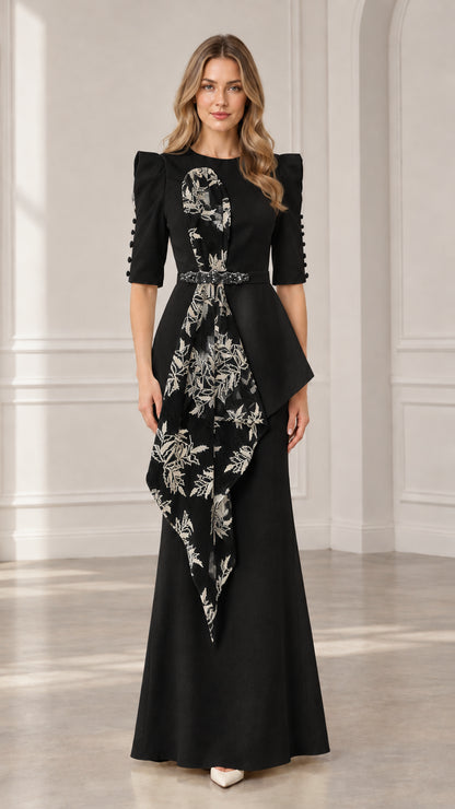 Black floral draped peplum maxi evening gown