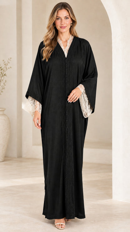 Black lace-trimmed long sleeve kaftan maxi abaya dress front view