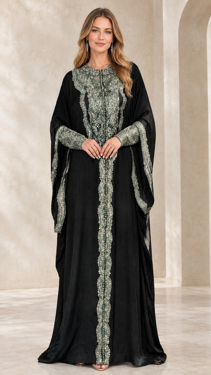 Front view of black kaftan maxi dress with silver embroidered embellishments