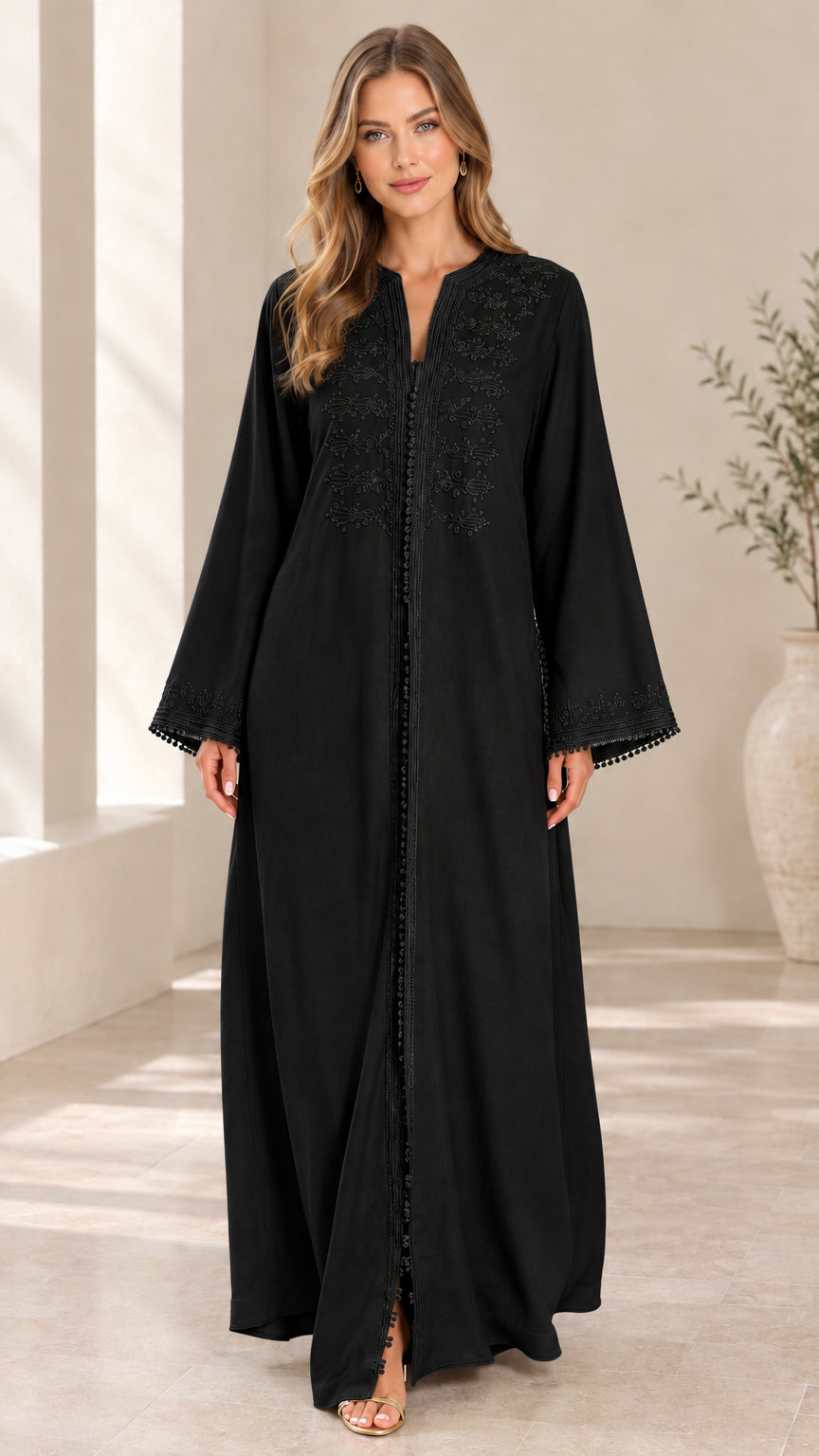 Black embroidered long sleeve maxi abaya dress