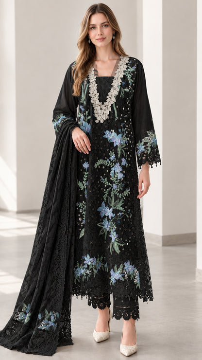 Front view of black embroidered 3-piece tunic pant set with matching shawl