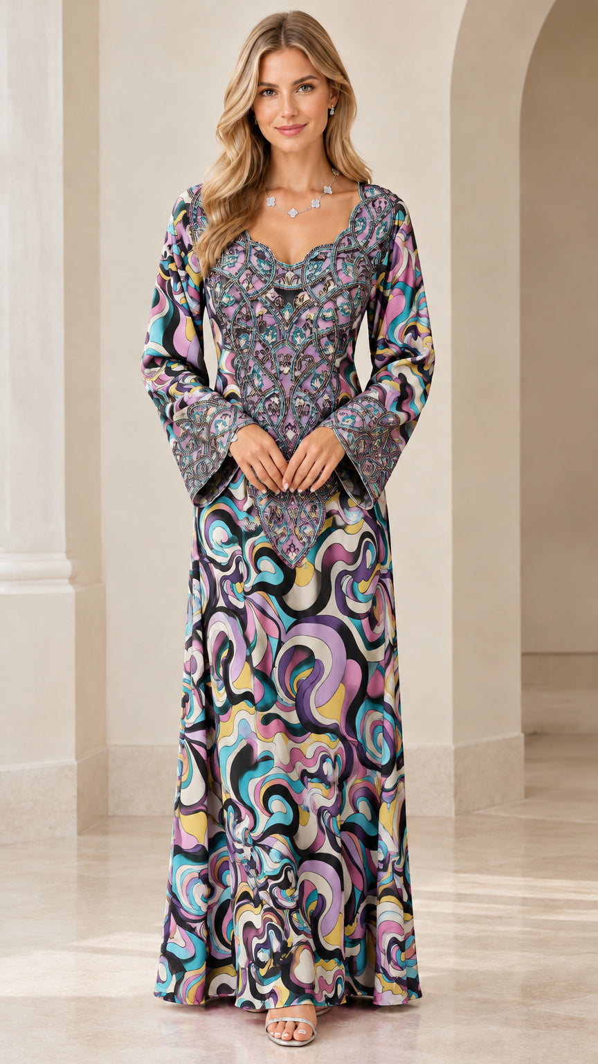 Front full-length view of model in Black Multi swirl print embellished maxi dress