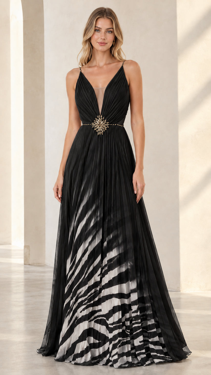 Black pleated V-neck ombre zebra print formal evening dress