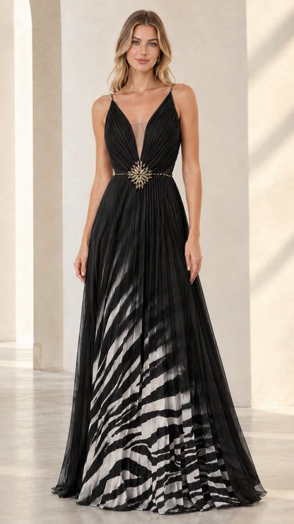 Black pleated V-neck ombre zebra print formal evening dress