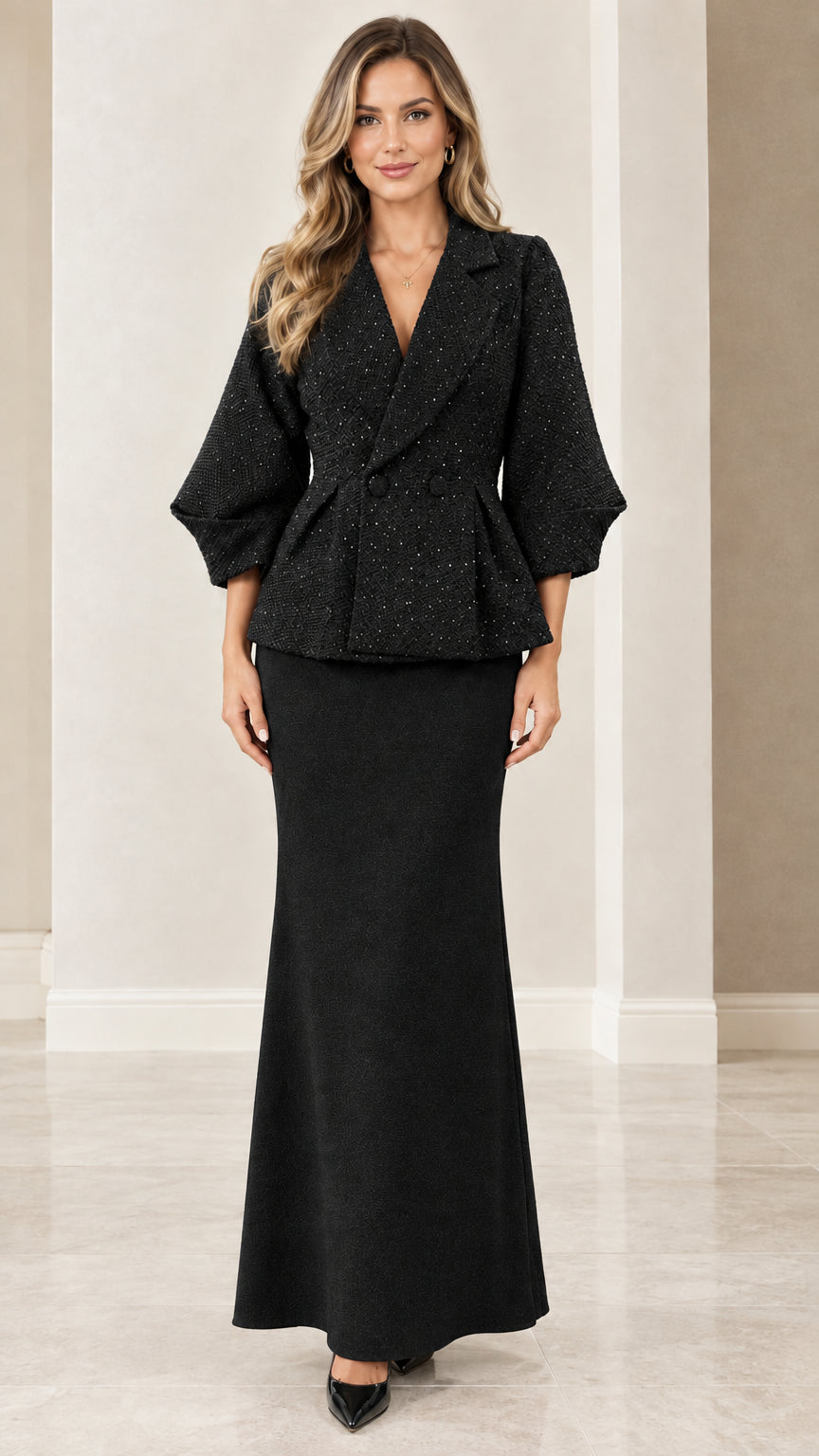 Black textured peplum jacket and matching floor-length skirt set