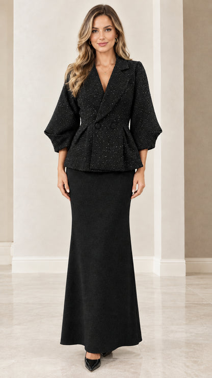 Black textured peplum jacket and matching floor-length skirt set