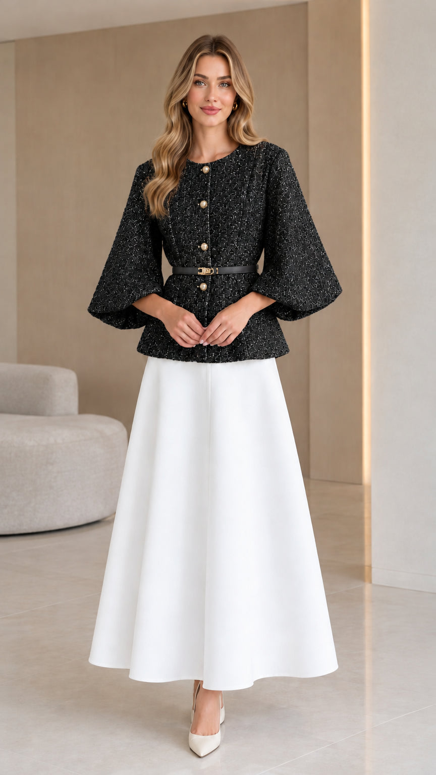 Black belted tweed jacket with pearl buttons and lantern sleeves