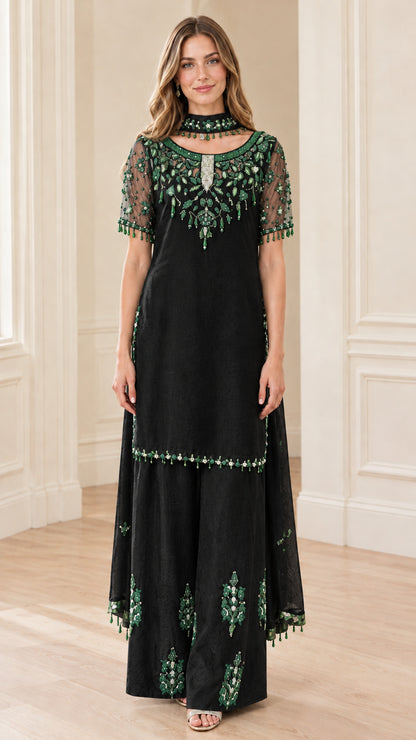 Full front view of Black beaded tunic and wide-leg palazzo pant set