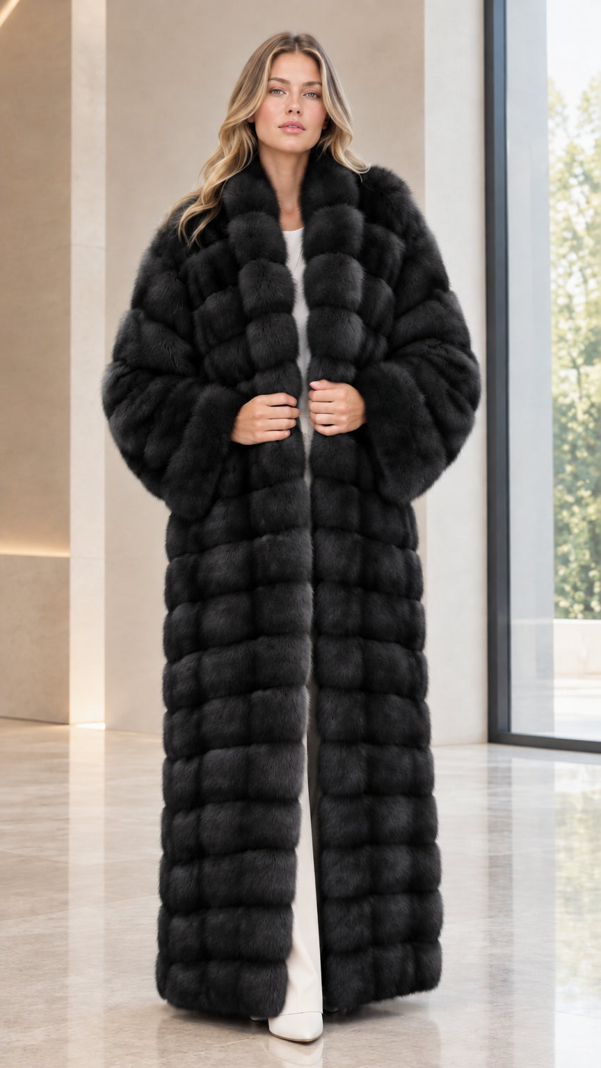 Front full-length view of woman wearing black paneled faux fur maxi coat