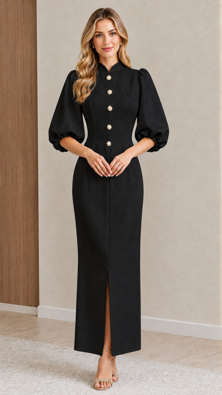 Front view of model wearing the Black mandarin collar puff sleeve maxi dress