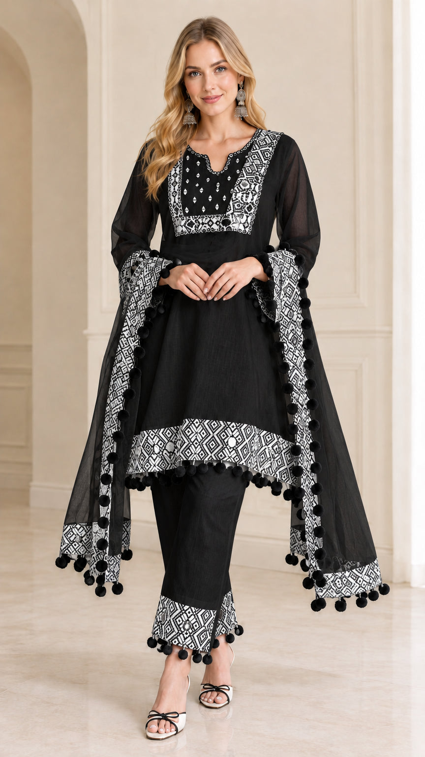 Women's black 3-piece tunic pants set with contrast white geometric borders