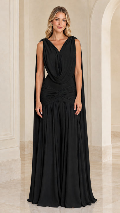 Black draped cowl neck maxi evening dress with cape panels