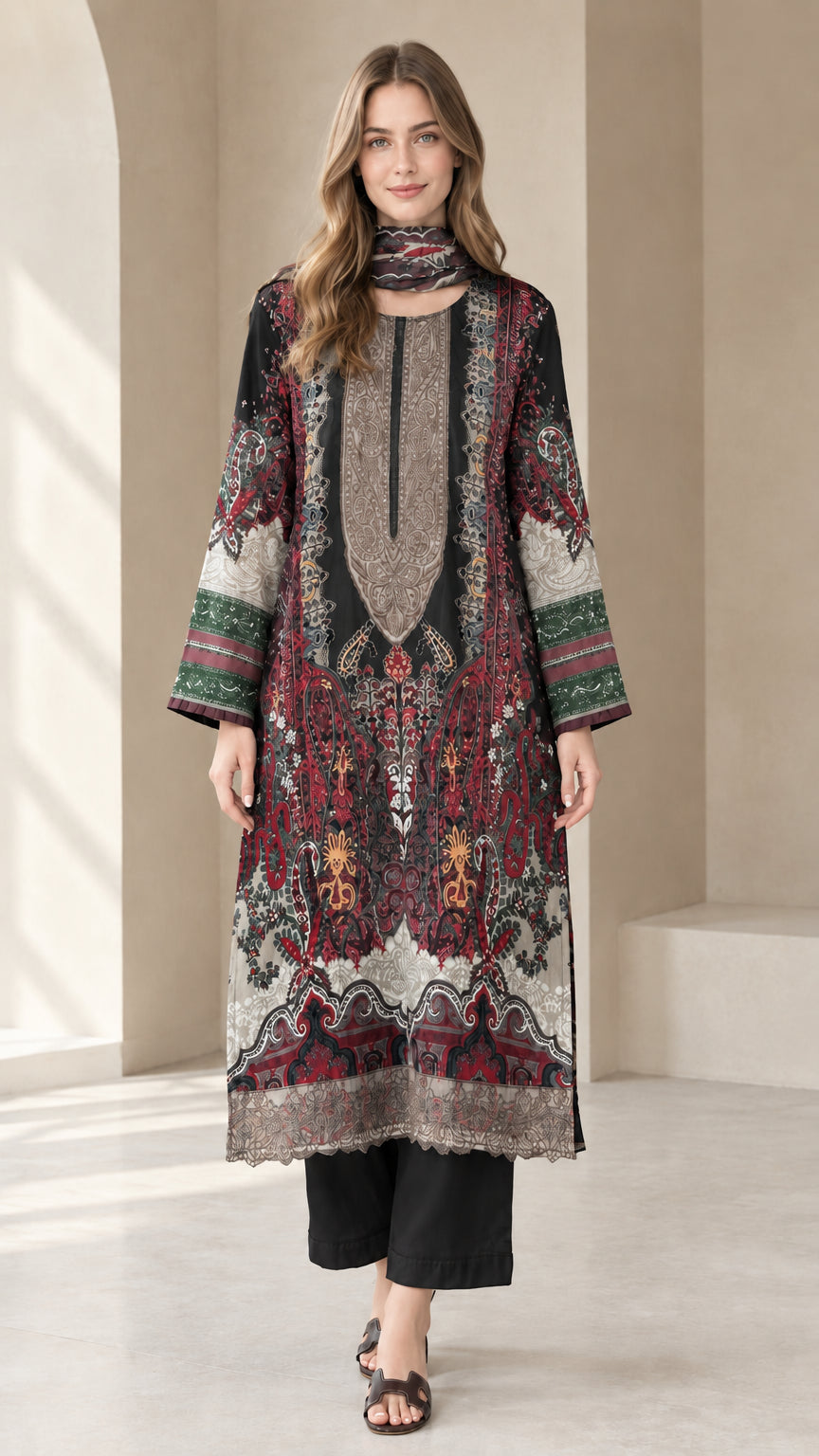 Front view of black paisley printed tunic and trouser set with scarf