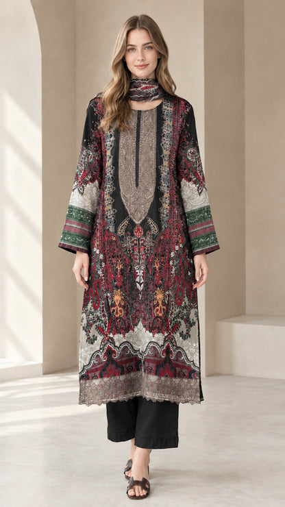 Front view of black paisley printed tunic and trouser set with scarf