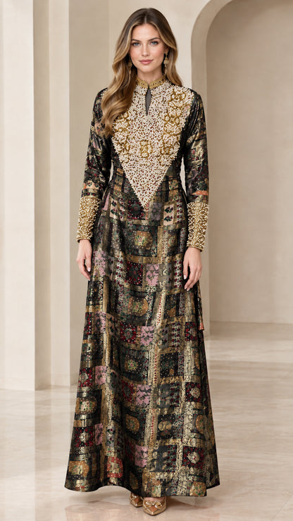 Black gold embroidered jacquard long sleeve maxi dress