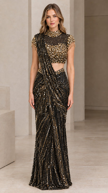Black embellished pre-draped saree gown set with sparkling sequin drape