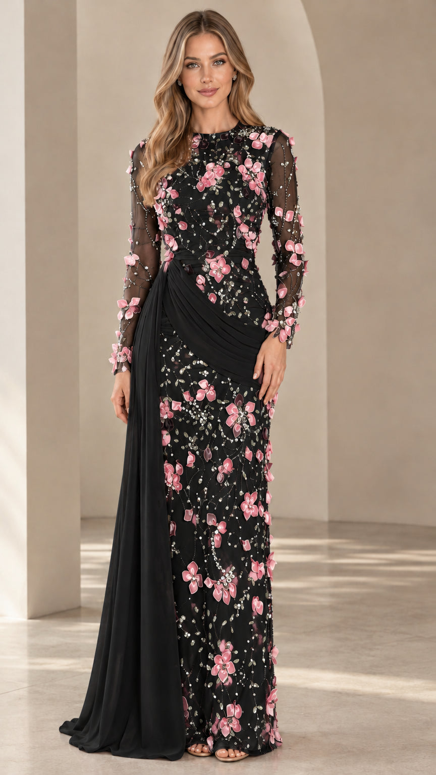Black formal evening gown with contrast pink 3D floral embroidery and side sash