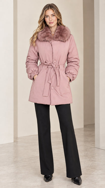 Dusty pink faux fur collar belted padded parka jacket on model