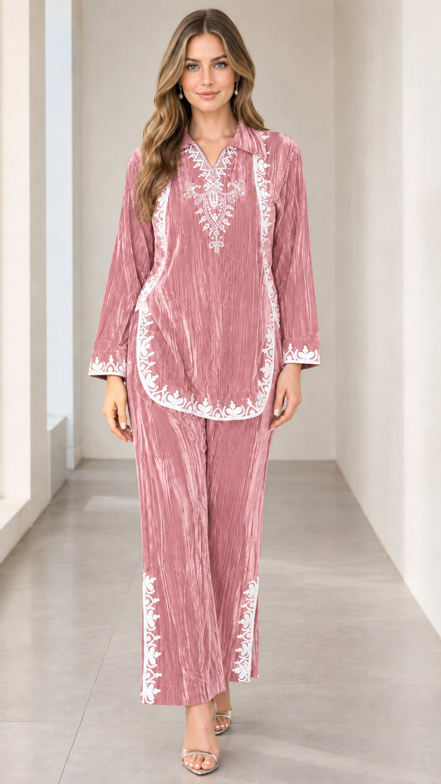 Dusty pink crushed velvet tunic and pants set with contrast embroidery