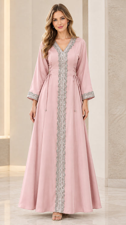 Dusty pink embellished maxi kaftan dress front view