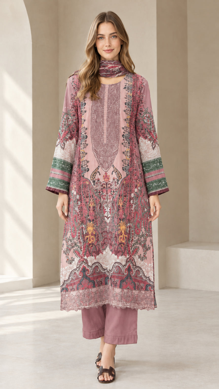 Front view of dusty pink paisley printed tunic and trouser set with scarf