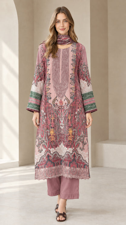 Front view of dusty pink paisley printed tunic and trouser set with scarf