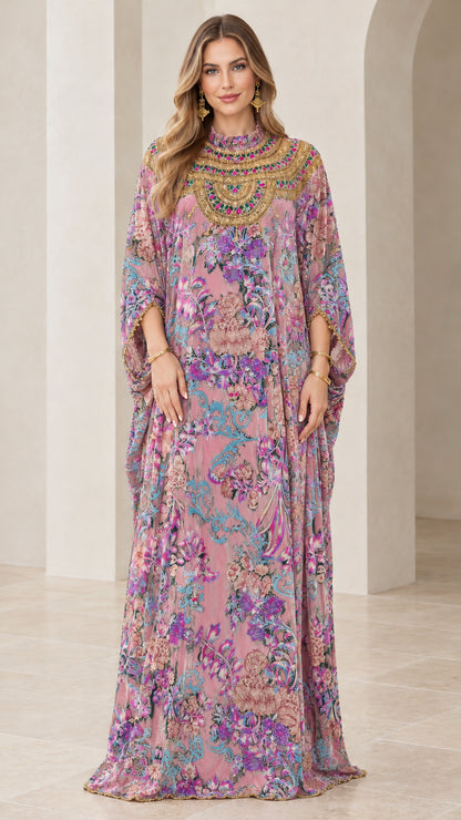 Front view of dusty pink floral velvet kaftan maxi dress with embellished collar