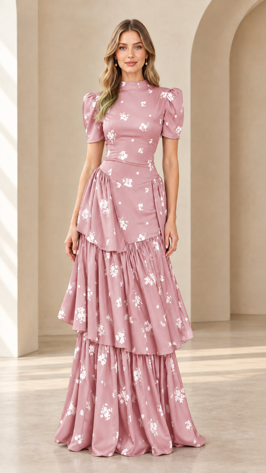 Model wearing blush pink floral print puff sleeve tiered maxi dress