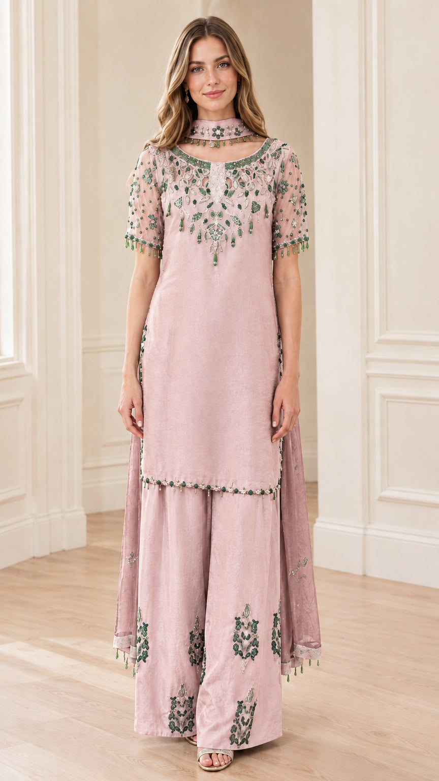 Full front view of Blush Pink beaded tunic and wide-leg palazzo pant set