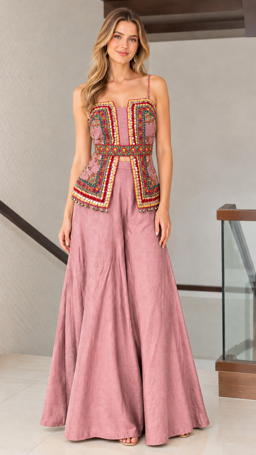 Dusty pink embroidered cami top with flowy wide-leg pants two-piece set