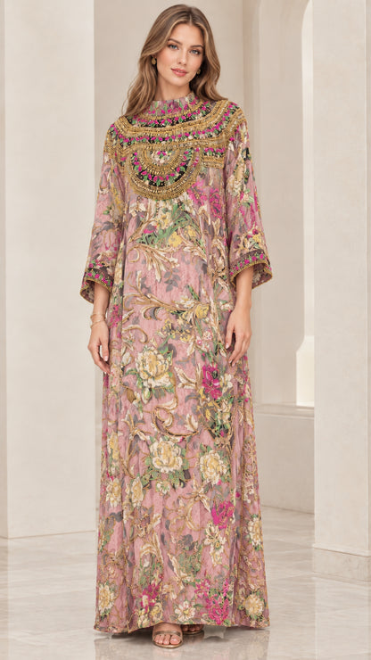 Front view of dusty pink floral embellished kaftan maxi dress