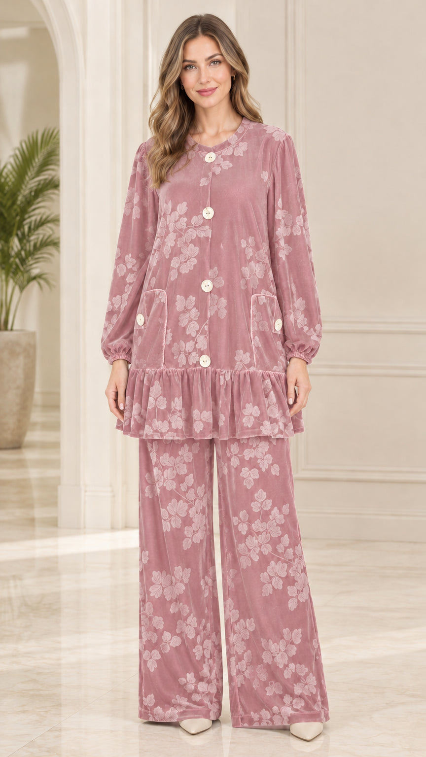 Front view of model wearing dusty rose floral embossed velvet two-piece matching set