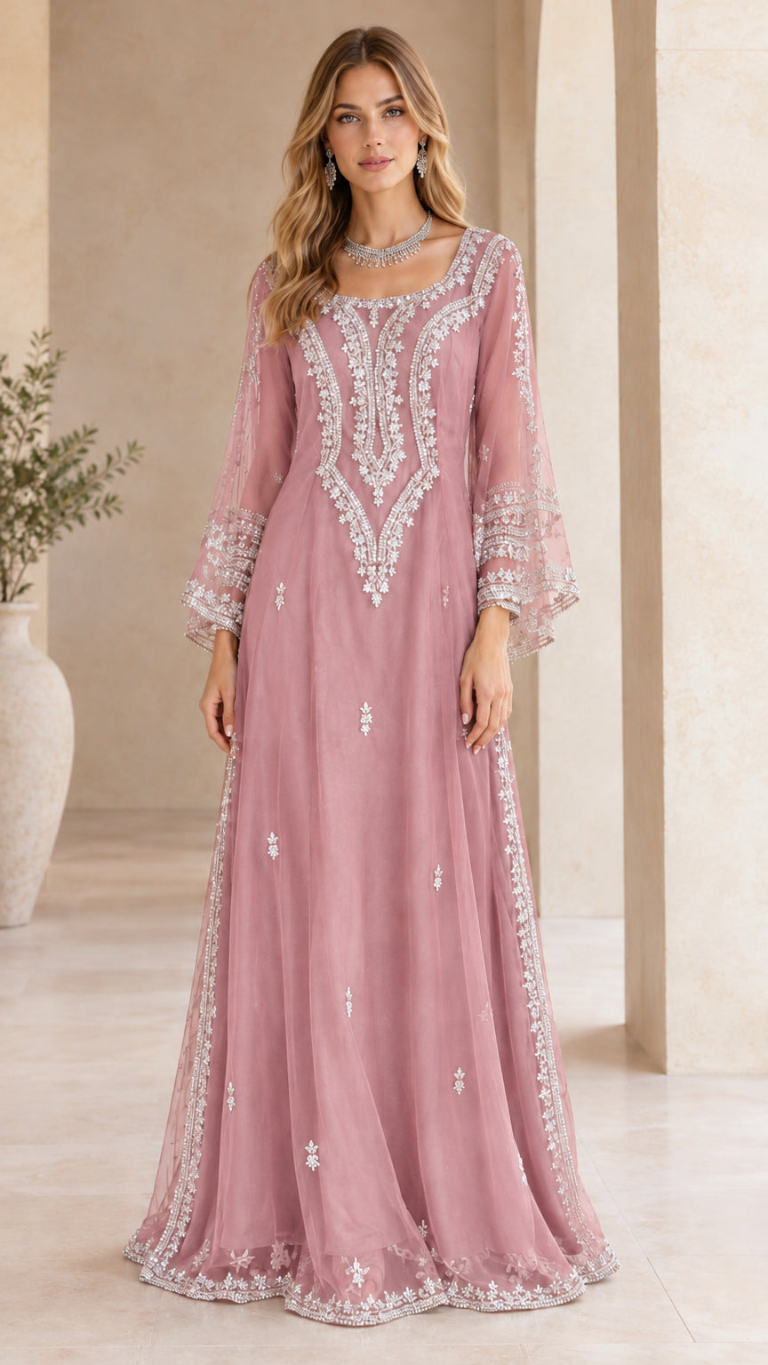 Dusty Pink embellished long sleeve maxi evening dress
