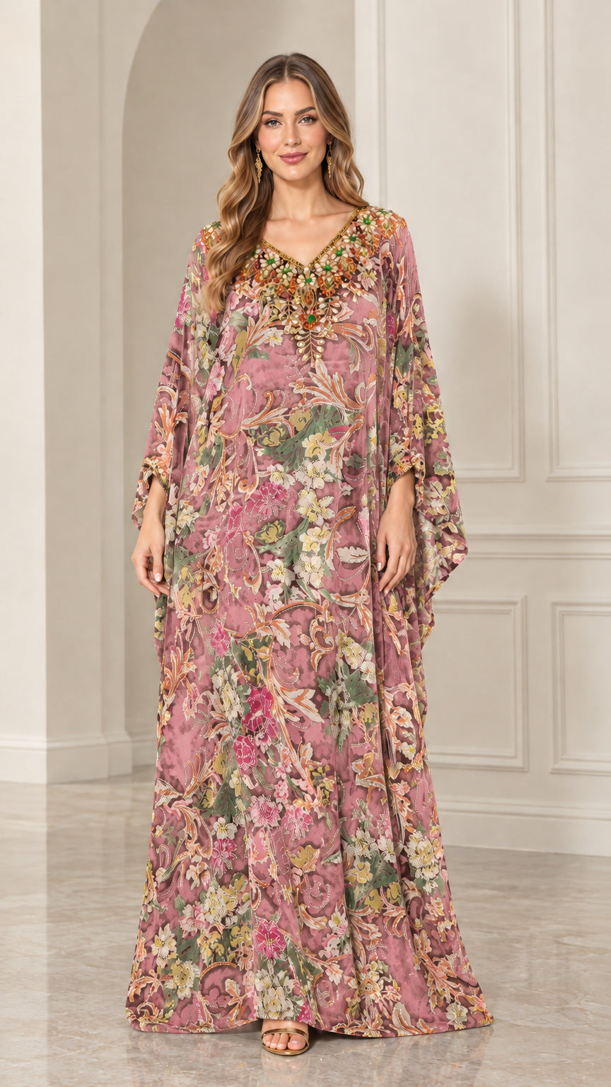 Front view of woman wearing Dusty Rose floral velvet embellished kaftan maxi dress